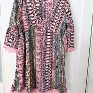 Boho Pink Printed V-Neck Tunic Dress